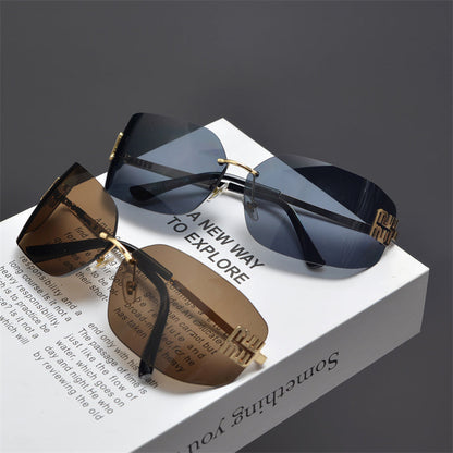 Rimless Gold-Tone Shield Sunglasses - women's accessory, detail view 10 | LUXIUM MARKET
