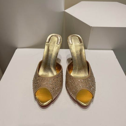 Gold Open-Toe High Heel Mules - women's shoes, detail view 2 | LUXIUM MARKET