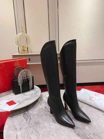 Women's Black Leather Knee-High Boots - shoes, detail view 5 | LUXIUM MARKET