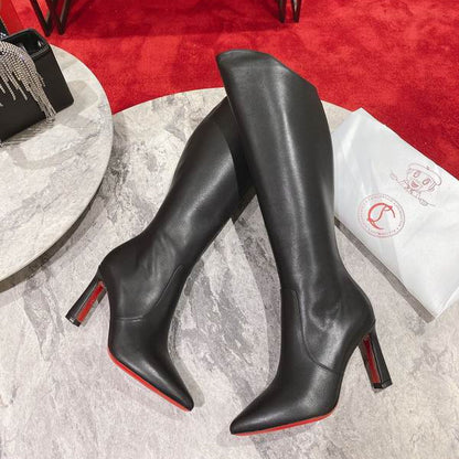 Women's Black Leather Knee-High Boots - shoes | LUXIUM MARKET