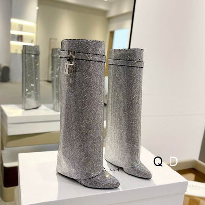 Knee-High Crystal Embellished Boots - women's shoes | LUXIUM MARKET