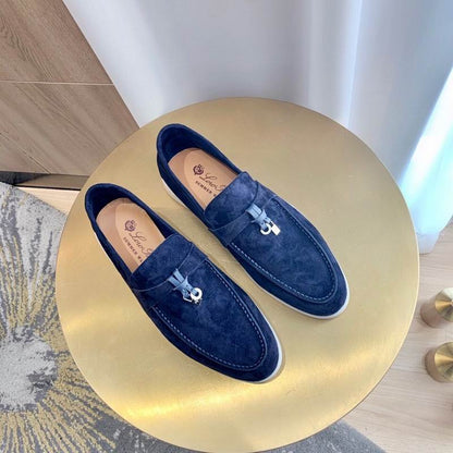 Dark Blue Suede Penny Loafers - men's shoes, detail view 3 | LUXIUM MARKET