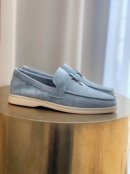 Light Blue Suede Penny Loafers - men's shoes, detail view 5 | LUXIUM MARKET