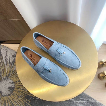 Light Blue Suede Penny Loafers - men's shoes, detail view 2 | LUXIUM MARKET