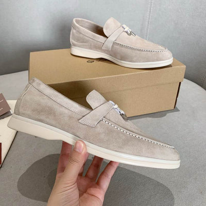 Light Beige Suede Penny Loafers - men's shoes, detail view 3 | LUXIUM MARKET