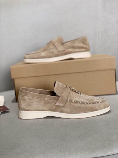 Beige Suede Penny Loafers - men's shoes, detail view 2 | LUXIUM MARKET