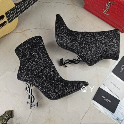 Glitter Sculpted Heel Ankle Boots - women's shoes, detail view 2 | LUXIUM MARKET