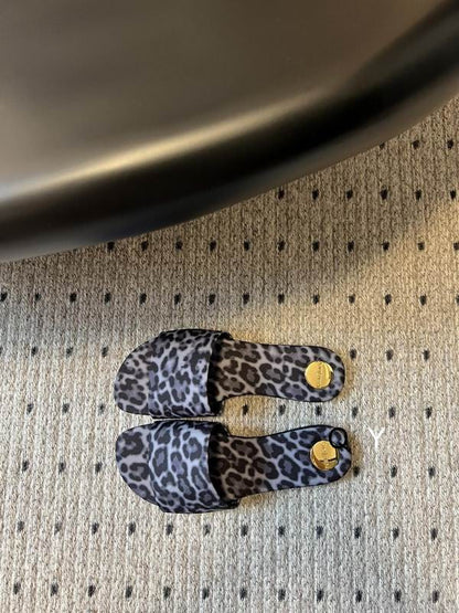 Grey Leopard Flat Slide Sandals - women's shoes, detail view 2 | LUXIUM MARKET