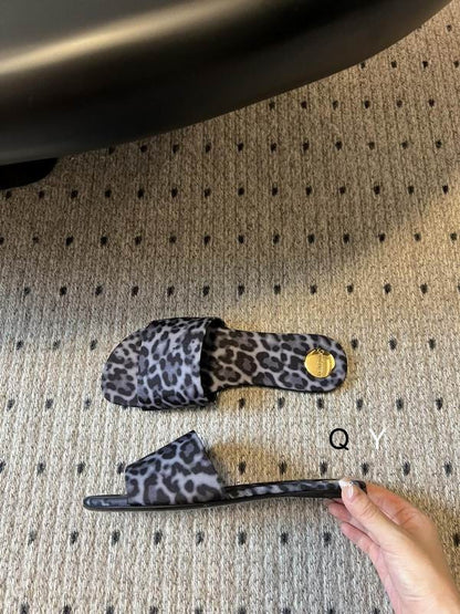 Grey Leopard Flat Slide Sandals - women's shoes, detail view 3 | LUXIUM MARKET