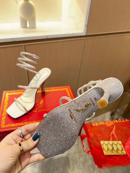 White Cleo Crystal Strap Sandals - women's shoes, detail view 8 | LUXIUM MARKET