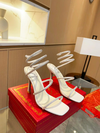 White Cleo Crystal Strap Sandals - women's shoes, detail view 9 | LUXIUM MARKET