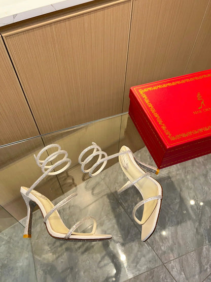 White Cleo Crystal Strap Sandals - women's shoes, detail view 5 | LUXIUM MARKET