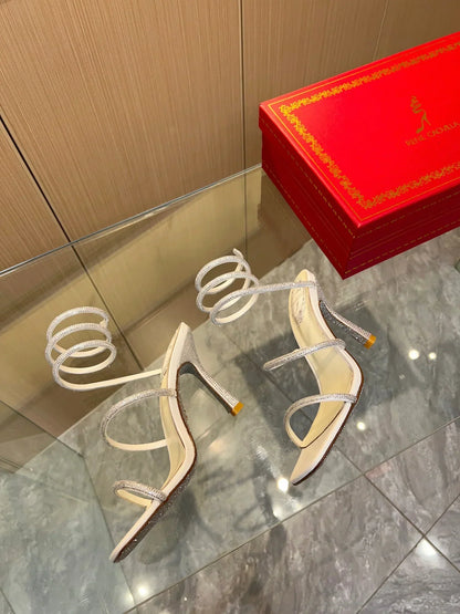 White Cleo Crystal Strap Sandals - women's shoes, detail view 3 | LUXIUM MARKET