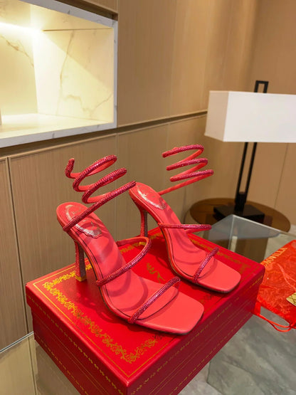 Red Cleo Crystal Strap Sandals - women's shoes, detail view 9 | LUXIUM MARKET