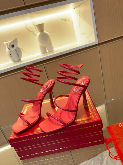 Red Cleo Crystal Strap Sandals - women's shoes, detail view 8 | LUXIUM MARKET