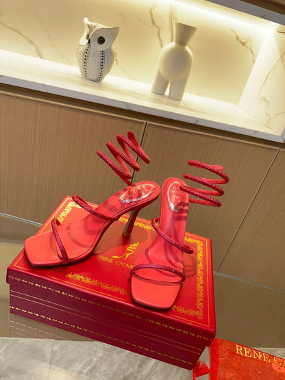 Red Cleo Crystal Strap Sandals - women's shoes, detail view 6 | LUXIUM MARKET