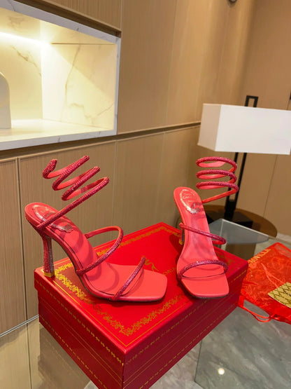 Red Cleo Crystal Strap Sandals - women's shoes, detail view 7 | LUXIUM MARKET