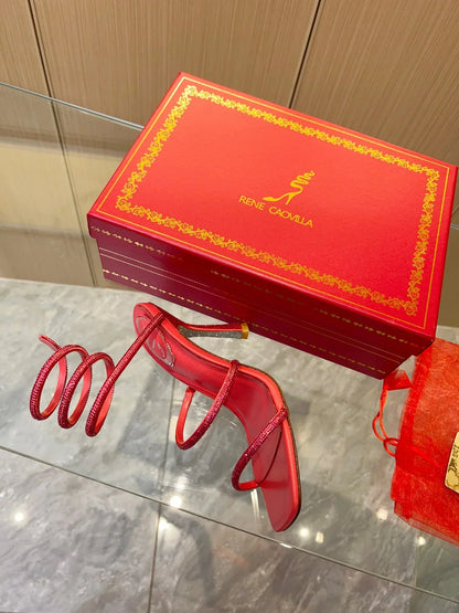 Red Cleo Crystal Strap Sandals - women's shoes, detail view 5 | LUXIUM MARKET