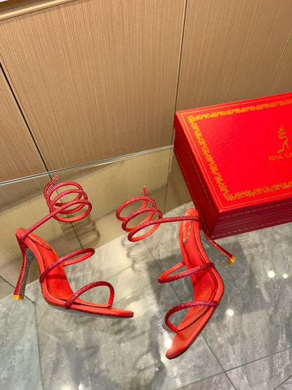 Red Cleo Crystal Strap Sandals - women's shoes, detail view 4 | LUXIUM MARKET