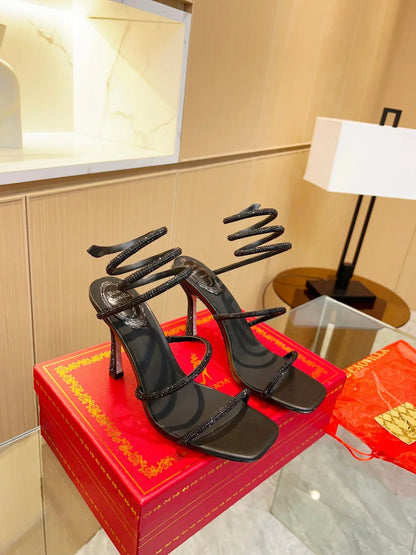 Black Cleo Crystal Strap Sandals - women's shoes, detail view 8 | LUXIUM MARKET