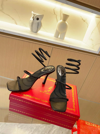 Black Cleo Crystal Strap Sandals - women's shoes, detail view 6 | LUXIUM MARKET