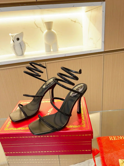 Black Cleo Crystal Strap Sandals - women's shoes, detail view 7 | LUXIUM MARKET