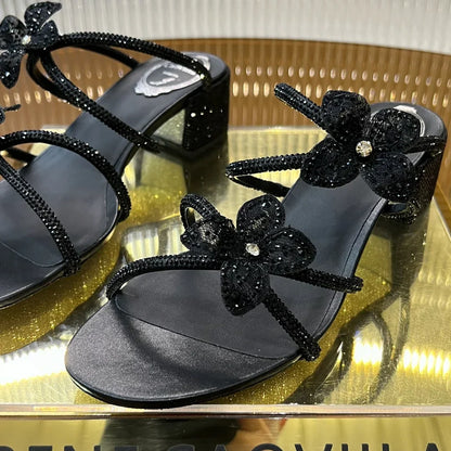 Lace Flower Crystal Sandals - women's shoes, detail view 3 | LUXIUM MARKET