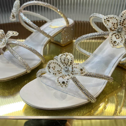 Lace Flower Crystal Sandals - women's shoes, detail view 3 | LUXIUM MARKET