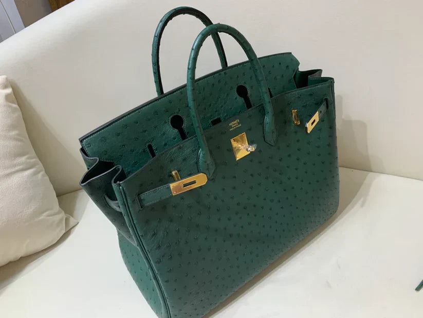 40 Ostrich Malachite With Gold Hardware Bag