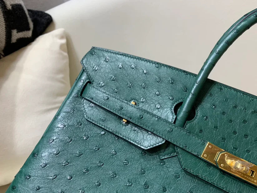 40 Ostrich Malachite With Gold Hardware Bag